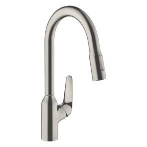 Hansgrohe Focus M42 220 Virtuves izlietnes maisītājs ar izvelkamu dušu, nerūsējošais tērauds